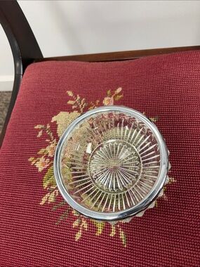 Cut Glass Serving Bowl with Silver Rim - Red Cushion Accent